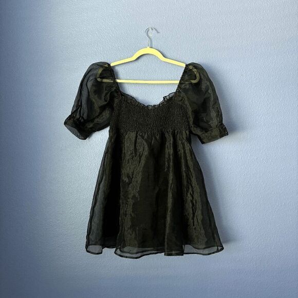 Mable Medium Black Puff Sleeve Square Neck Babydoll Mini Dress Smocked Tulle GUC - Picture 4 of 9